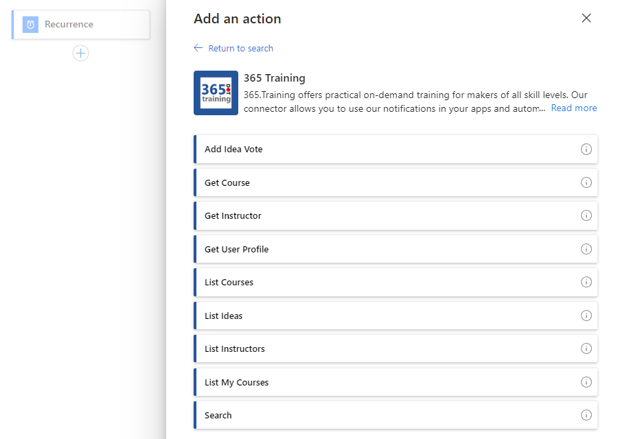 Capture d’écran montrant le portail Azure, le concepteur de flux de travail et le connecteur de formation 365 avec des actions.