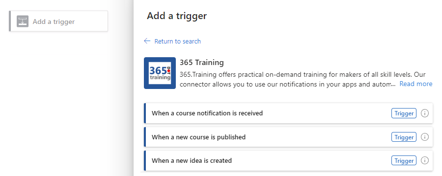Capture d’écran montrant le portail Azure, le concepteur de flux de travail et le connecteur de formation 365 avec des déclencheurs.