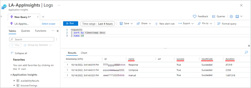 Capture d’écran montrant Application Insights, la requête, l’onglet Résultats et les événements d’opération à partir de l’exécution du flux de travail.