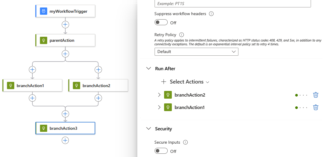 Screenshot shows Standard workflow with the action that joins the preceding parallel branches.
