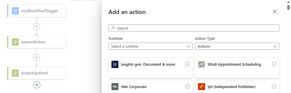Screenshot shows Standard workflow with search box named Choose an operation.
