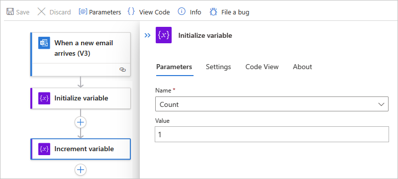 Capture d’écran du portail Azure, du flux de travail standard, et de l’action dénommée Incrémenter la variable.