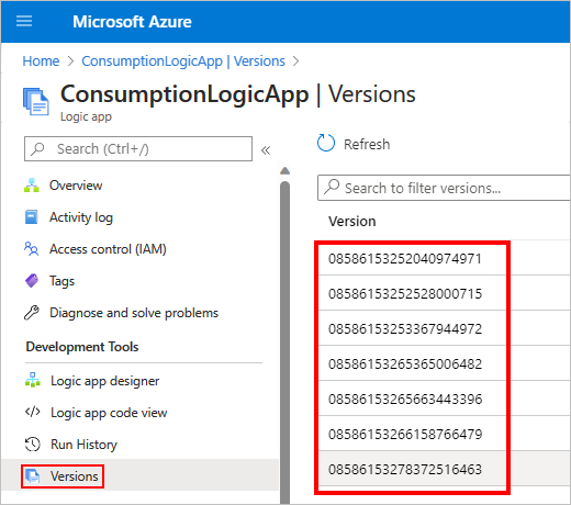 Capture d’écran montrant le portail Azure et le menu de l’application logique de consommation avec les versions sélectionnées et la liste des versions précédentes de l’application logique.