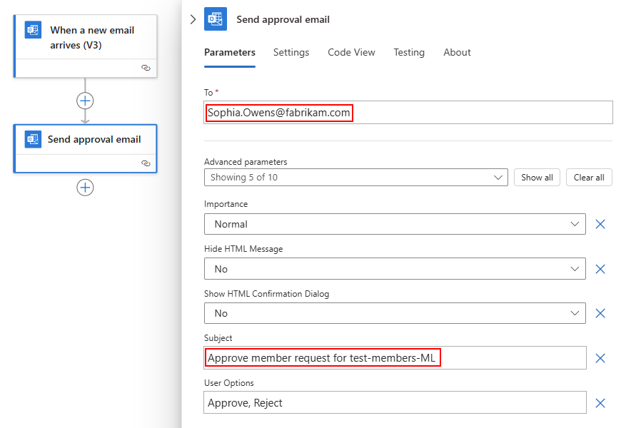 Capture d’écran des informations de l’action nommée Envoyer un e-mail d’approbation.