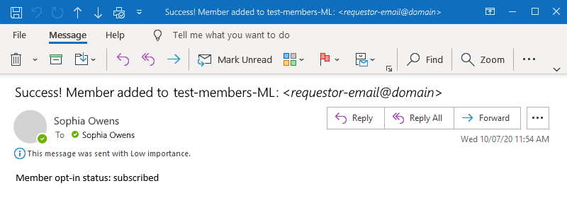 La capture d’écran montre l’exemple d’e-mail pour un abonnement réussi.