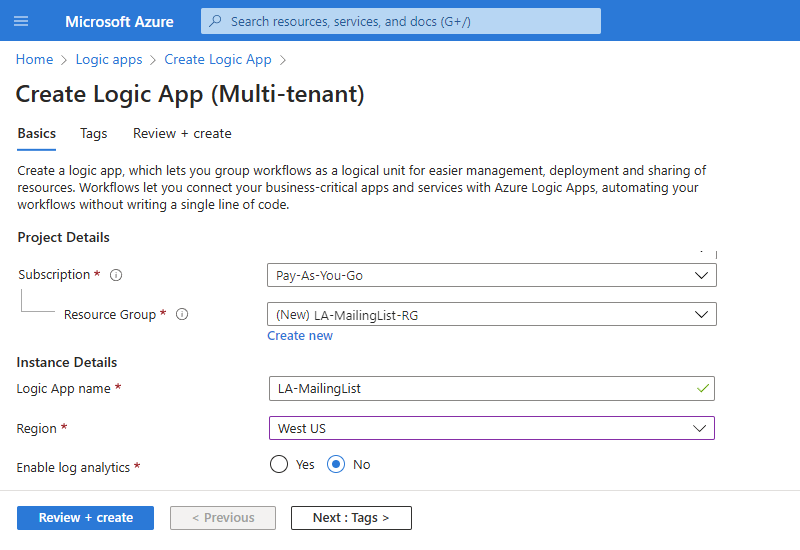 La capture d'écran montre le Portail Microsoft Azure et la page de création de l'application logique Consommation multi-tenant et les détails.
