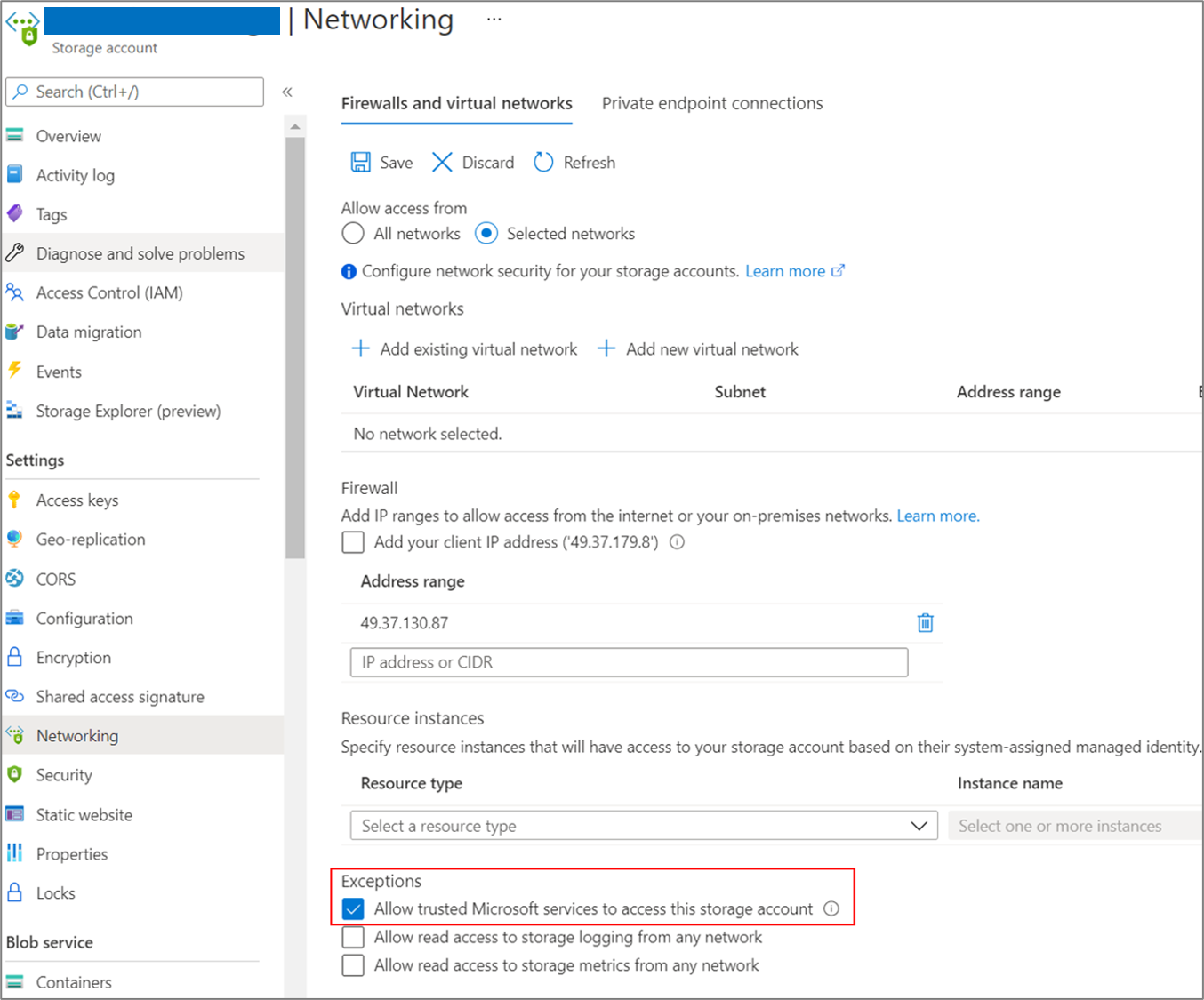 Capture d’écran montrant l’option Autoriser les services Microsoft approuvés à accéder à ce compte de stockage.