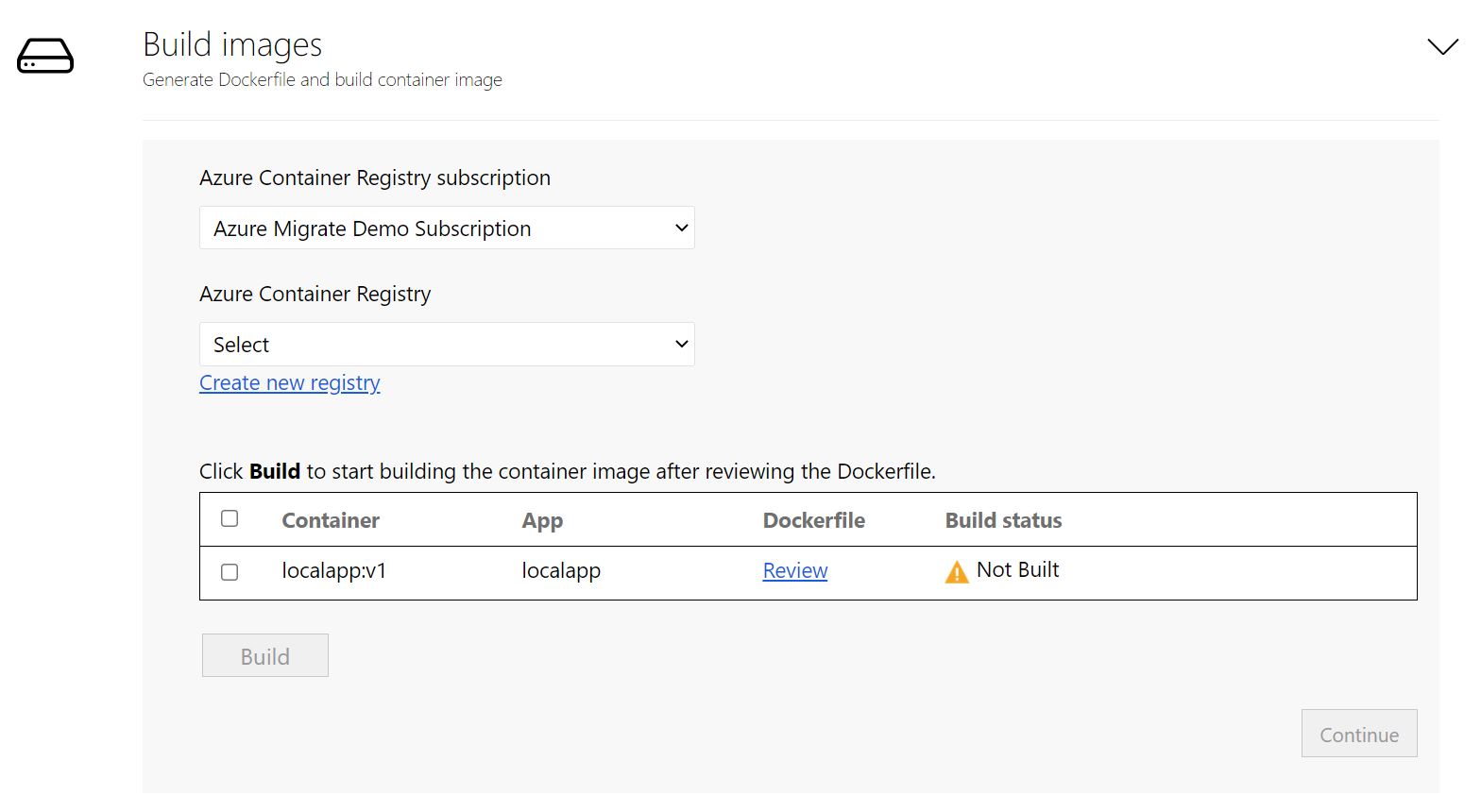 Capture d’écran de la sélection d’un Azure Container Registry d’application.
