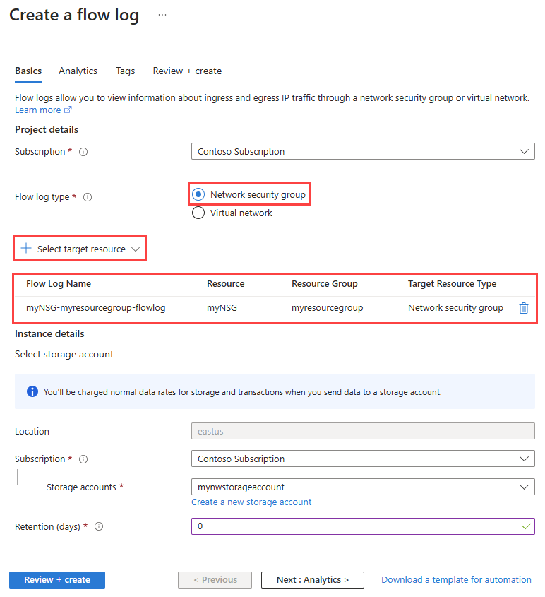 Capture d’écran de l’onglet Informations de base de Créer un journal de flux dans le portail Azure.