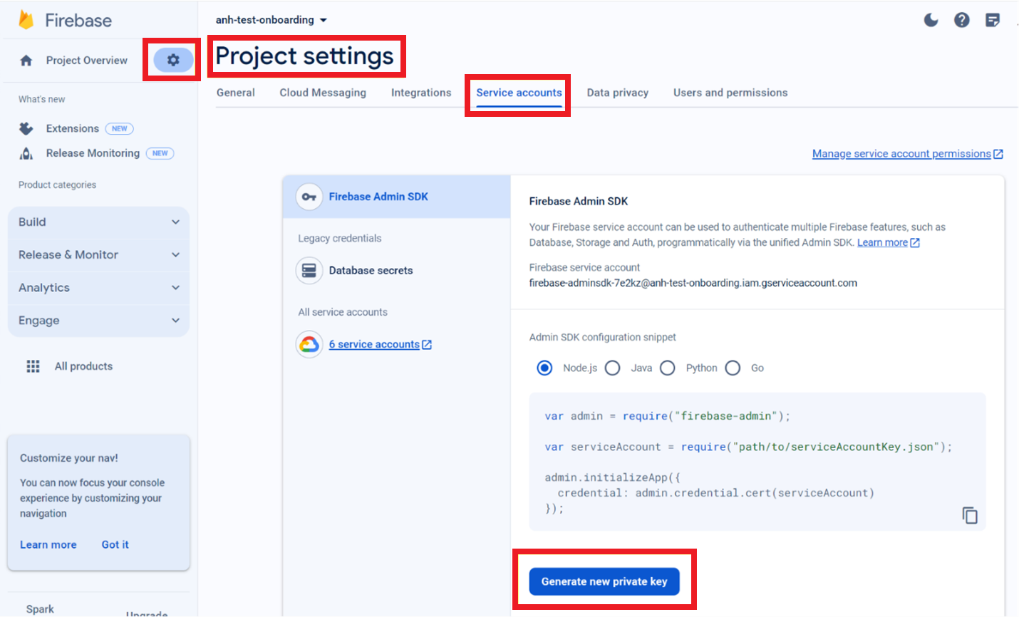 Capture d’écran des paramètres du projet de console Firebase.