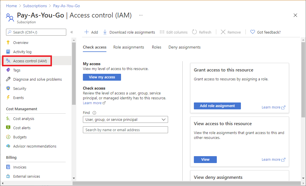 Page Contrôle d’accès (IAM) pour un abonnement