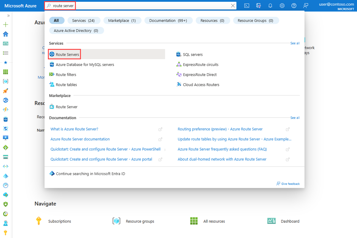 Capture d’écran de la recherche du Serveur de routes sur le Portail Azure.