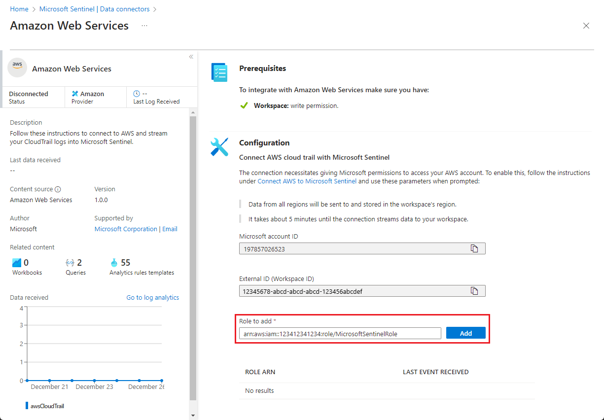 Capture d’écran d’ajout d’une connexion de rôle AWS avec le connecteur AWS.