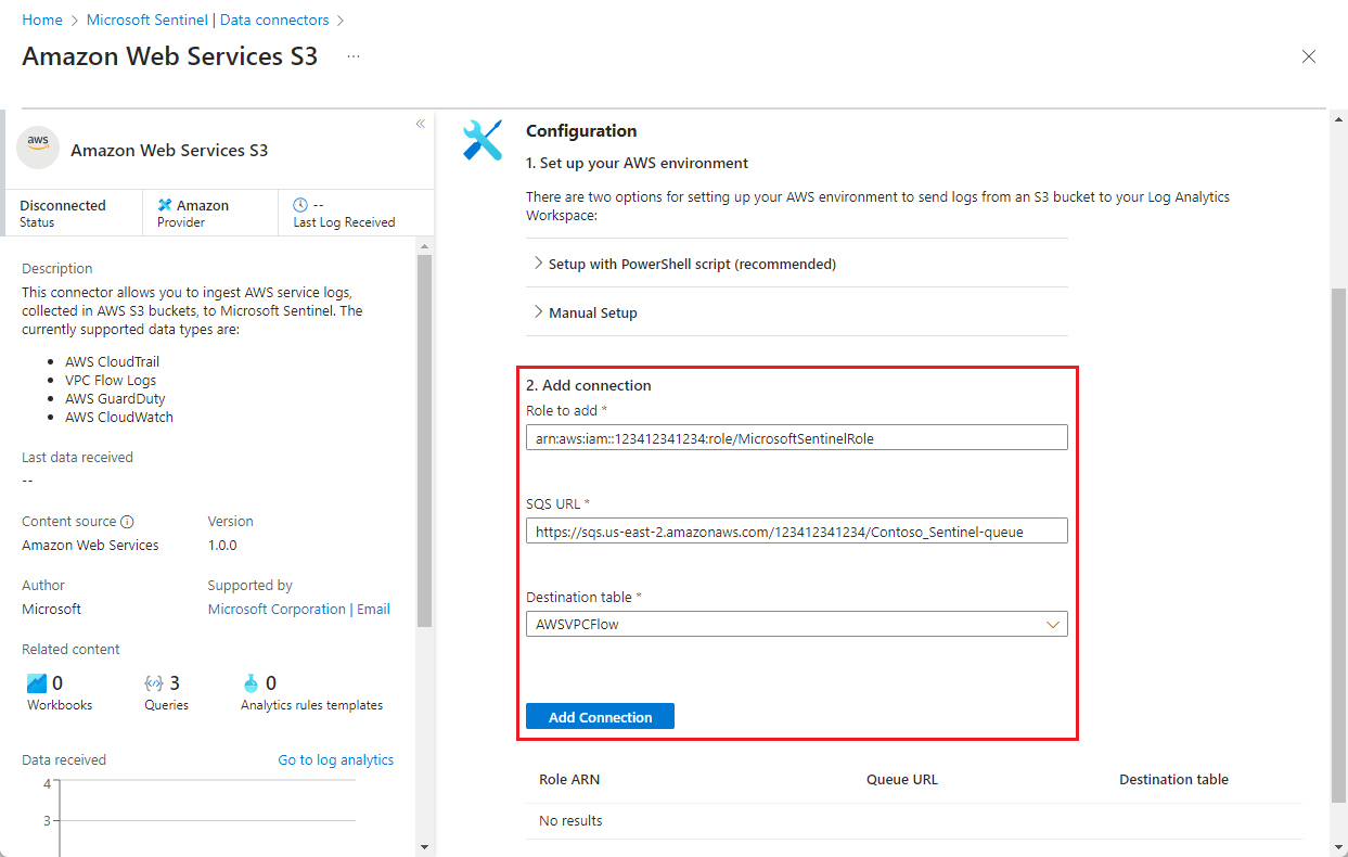 Capture d’écran du collage des informations de rôle AWS du script dans le connecteur S3.