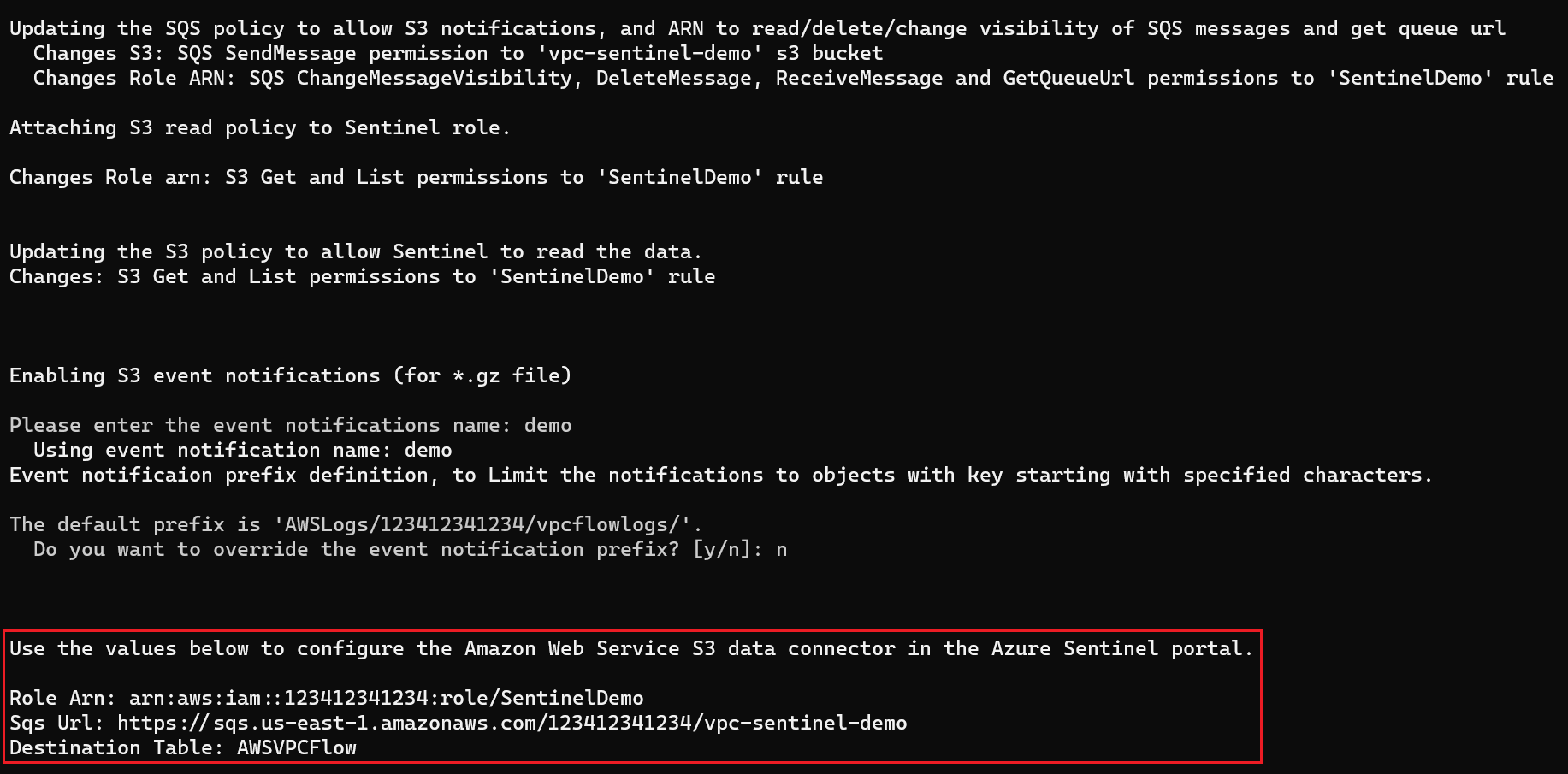 Capture d’écran de la sortie du script d’installation du connecteur AWS.
