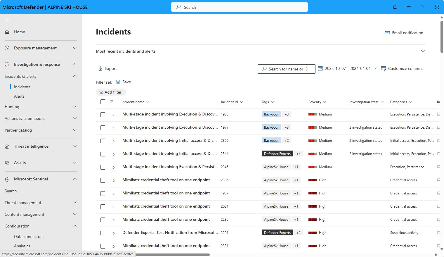 Capture d’écran de la page des incidents dans le Portail Azure.