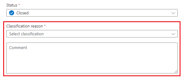 Capture d’écran des champs de raison de classification pour la fermeture d’un incident.