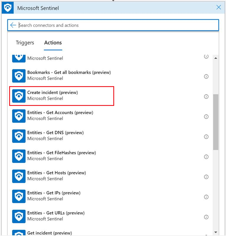 Capture d’écran de l’action « Créer un incident » de l’application logique dans le connecteur Microsoft Sentinel.