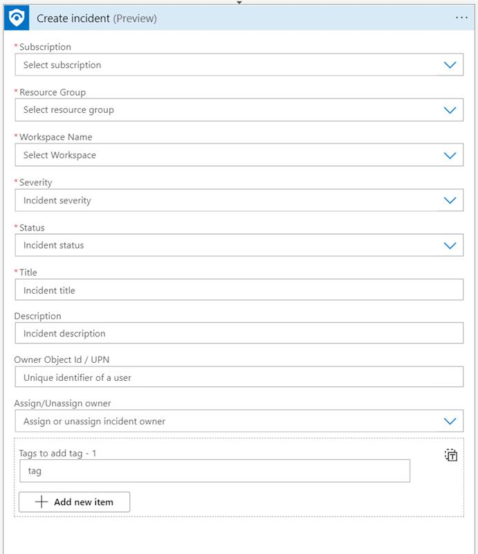 Capture d’écran des paramètres de l’action « Créer un incident » dans le connecteur Microsoft Sentinel.