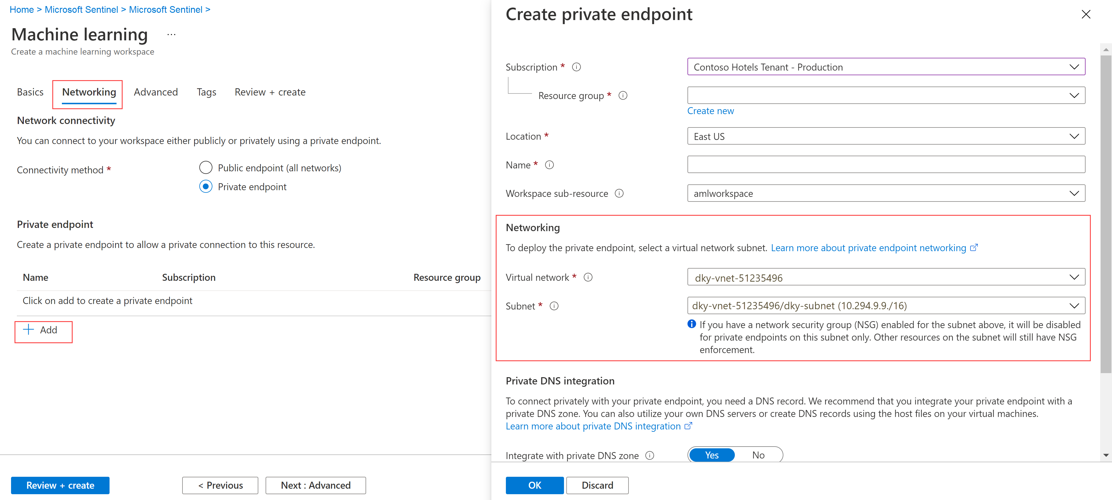 Capture d’écran de la page Créer un point de terminaison privé dans Microsoft Sentinel.