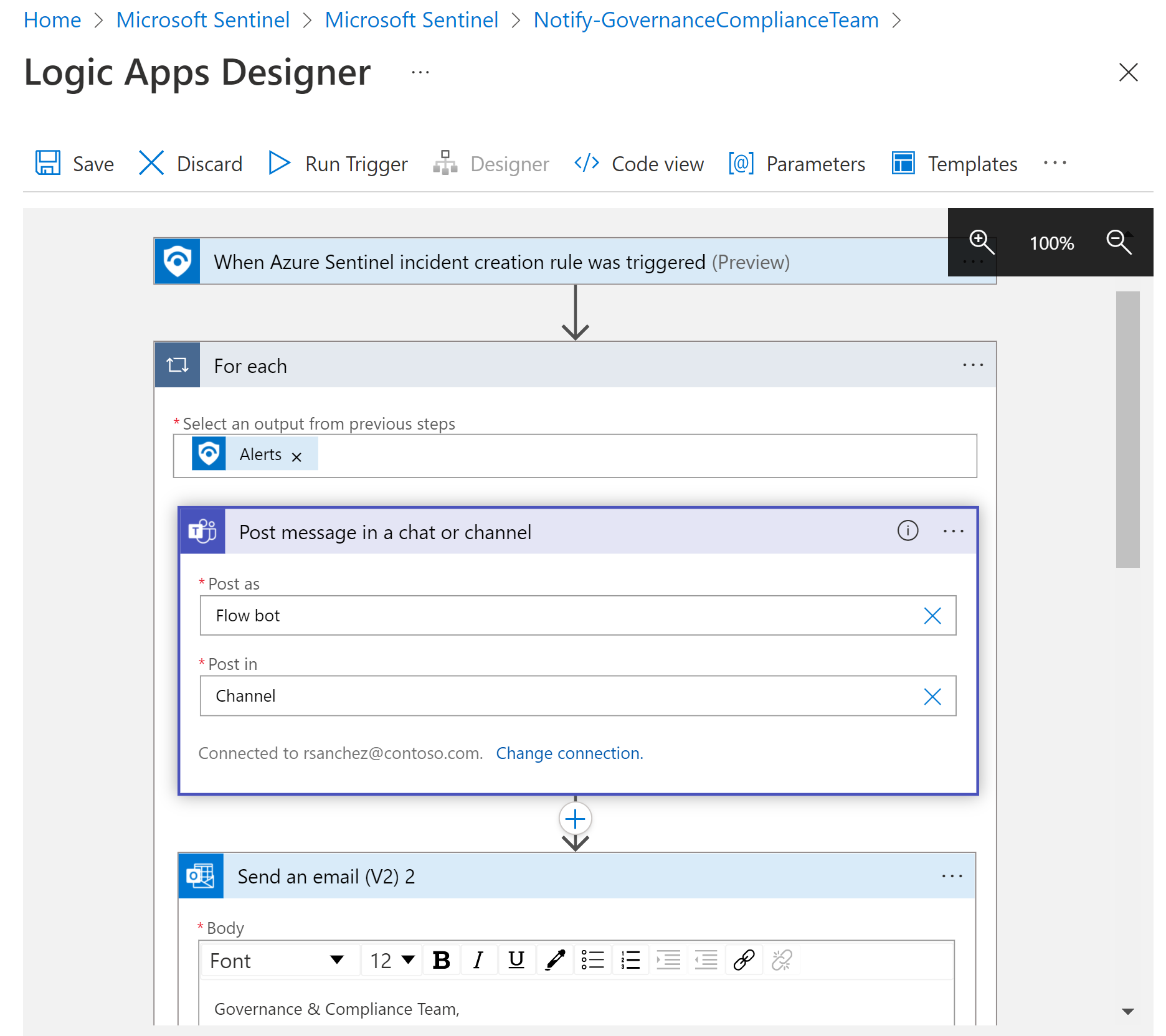 Capture d’écran du concepteur de l’application logique montrant un exemple de playbook.