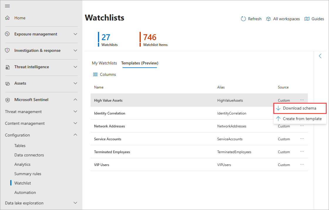 Capture d’écran de l’onglet Modèles watchlist avec l’option Télécharger le schéma sélectionnée dans le menu contextuel.