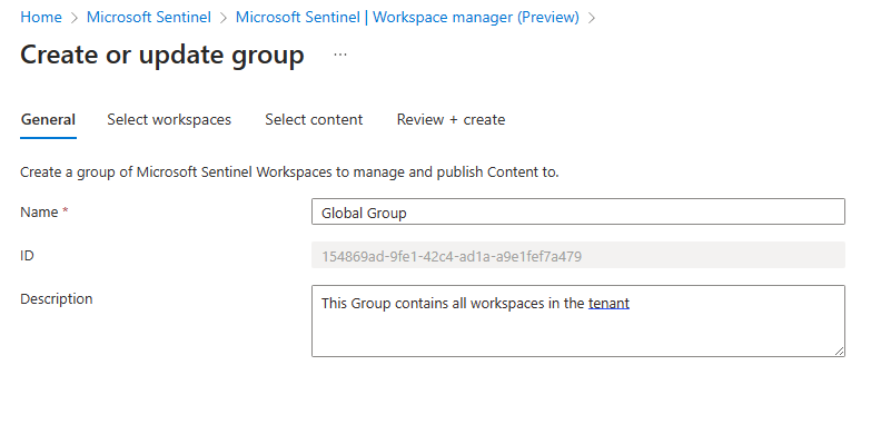 Capture d’écran montrant la page de configuration de création ou de mise à jour du groupe.