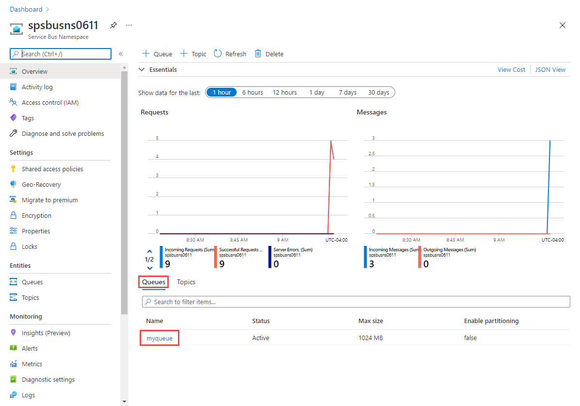 Image représentant la page Espace de noms Service Bus dans le portail Azure avec la file d’attente sélectionnée.