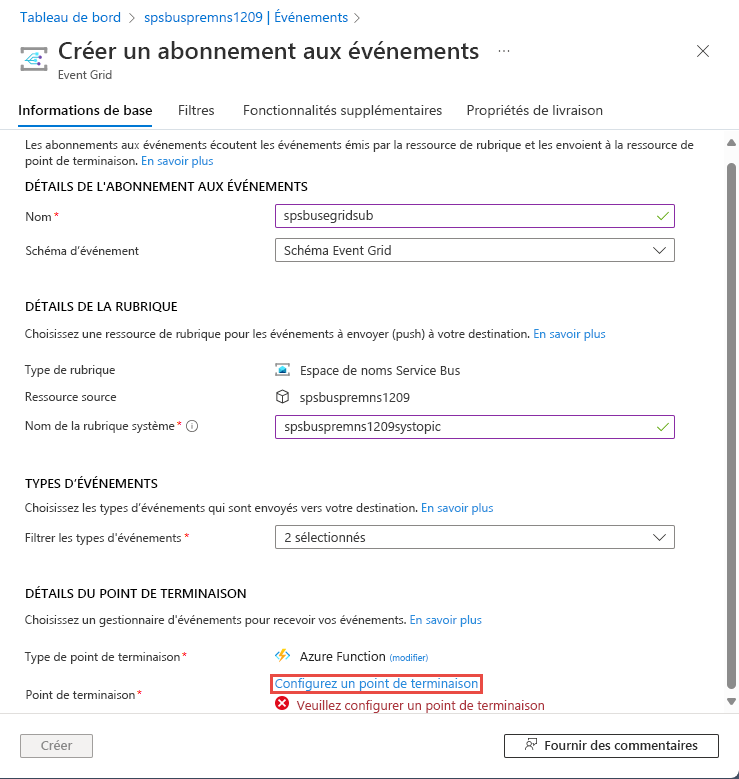Capture d’écran illustrant la page Créer un abonnement aux événements pour un espace de noms Service Bus.