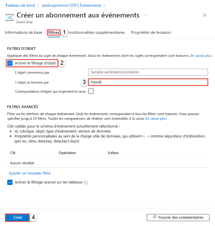 Capture d’écran illustrant la page Filtres d’un abonnement à un événement.