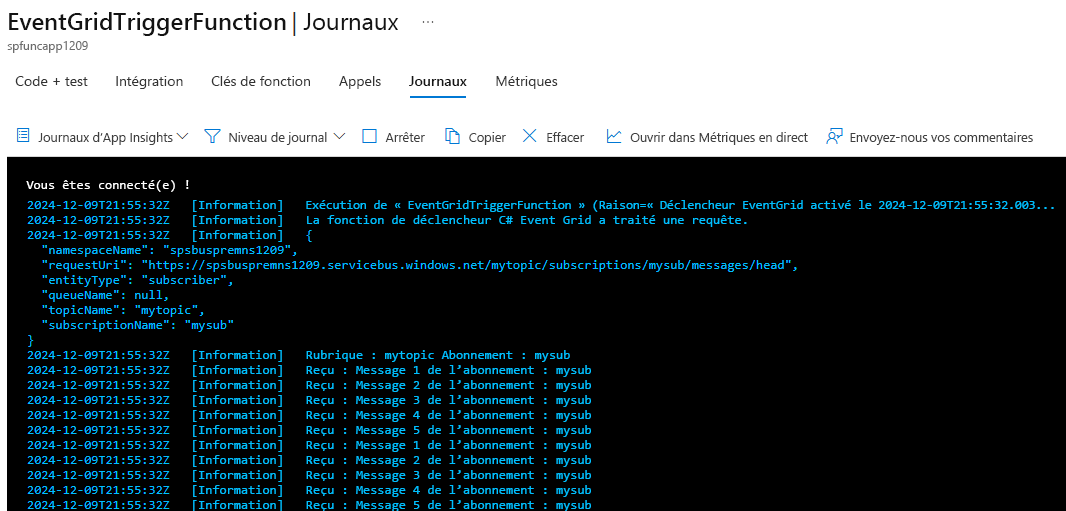 Capture d’écran montrant l’onglet Journaux d’activité d’une fonction Azure.
