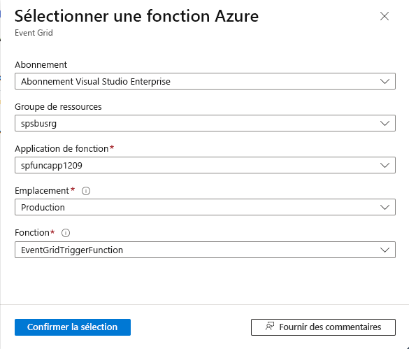 Capture d’écran illustrant la sélection d’un point de terminaison d’une fonction Azure.
