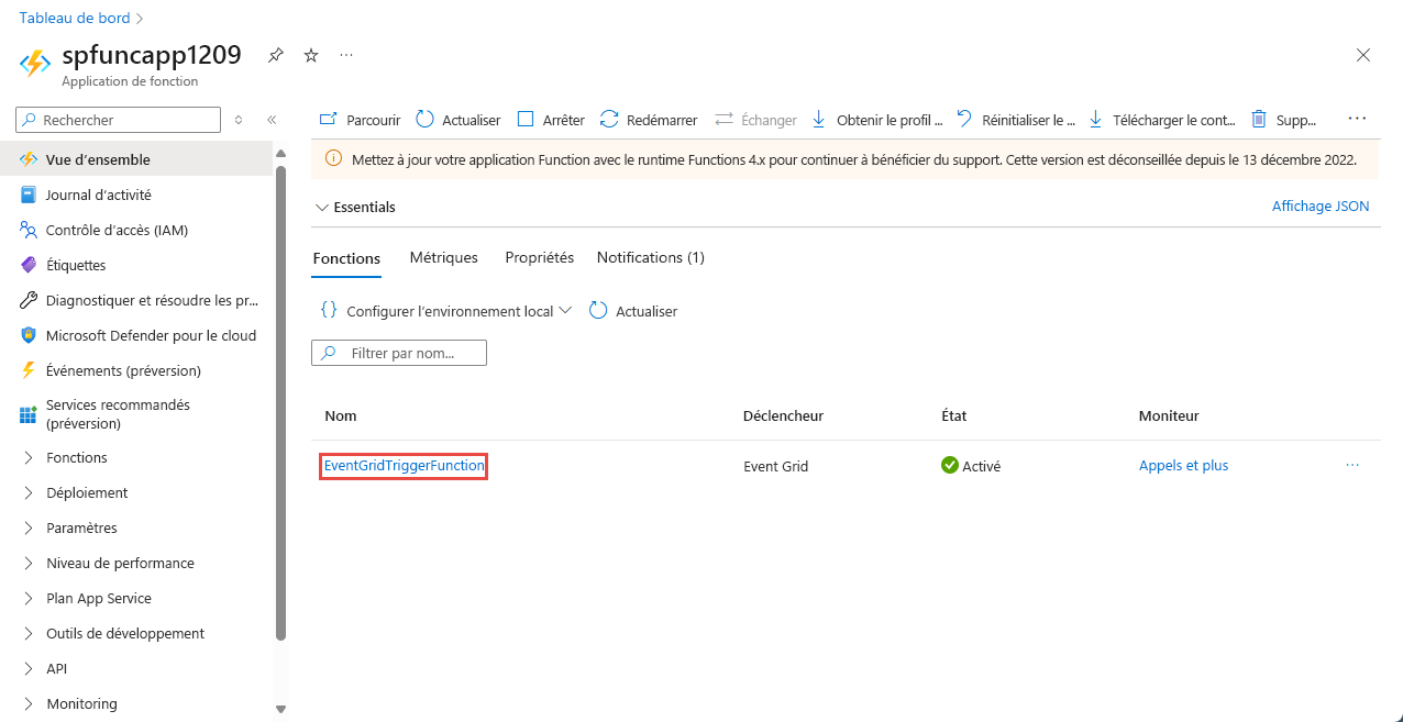 Capture d’écran montrant la page Fonctions avec la fonction de déclenchement Event Grid.