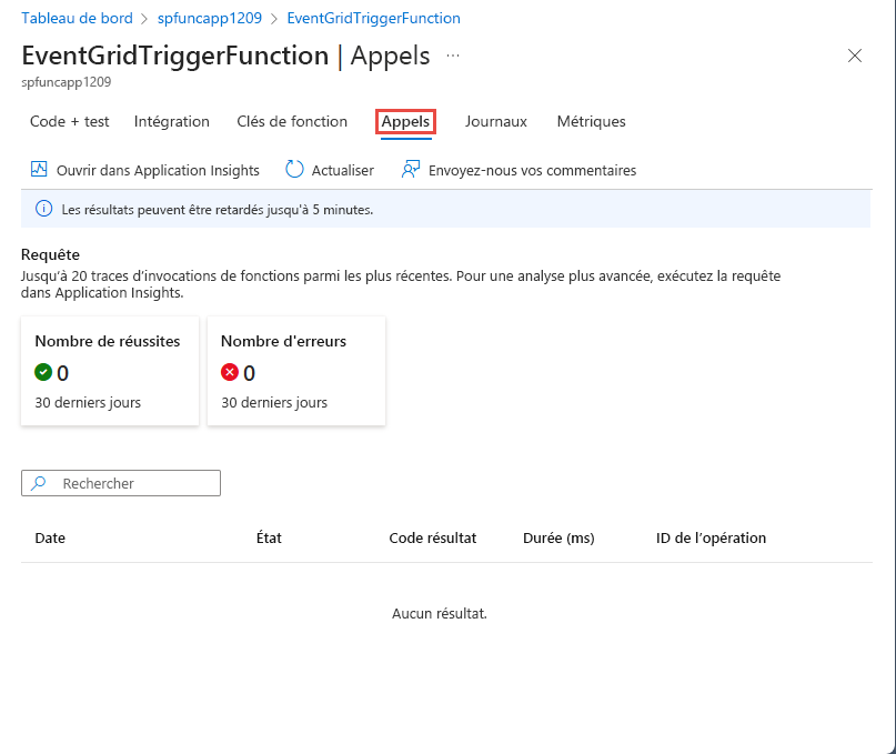 Capture d’écran illustrant la page Appels d’une fonction Déclencheur Event Grid.