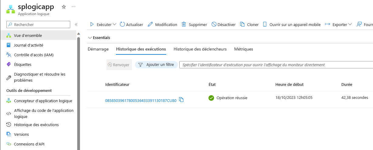 Capture d’écran montrant l’historique des exécutions de l’application logique.
