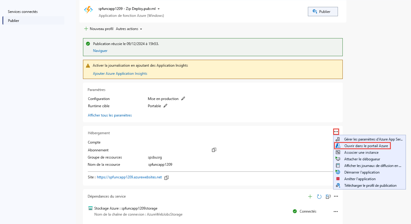 Capture d’écran illustrant la page Publier dans Visual Studio.