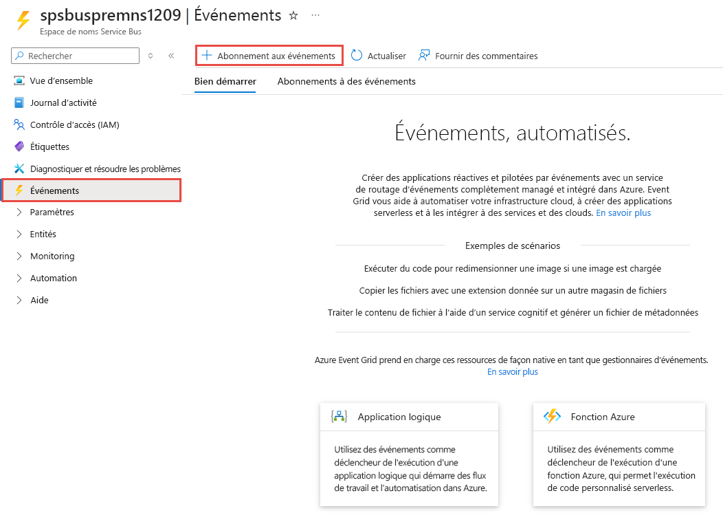 Capture d’écran illustrant la page Événements d’un espace de noms Service Bus.