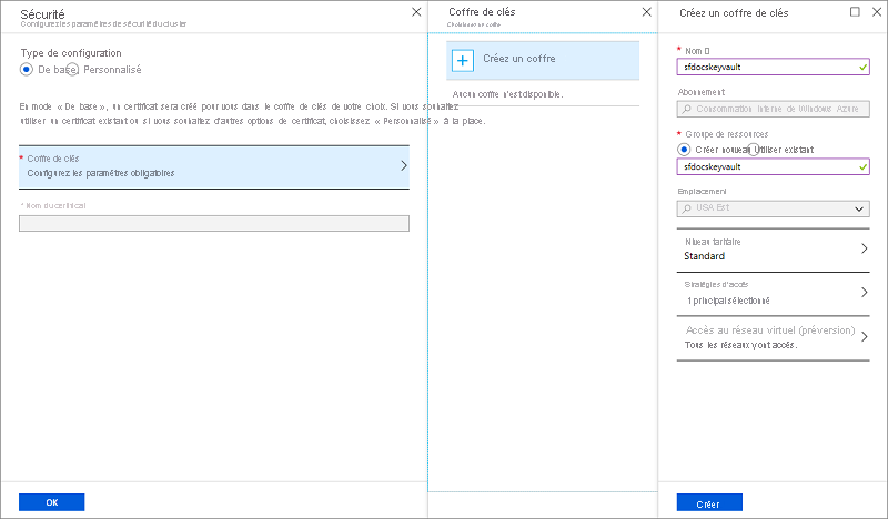 Screenshot shows the Security page with Basic selected with the Key vault pane and Create key vault pane.