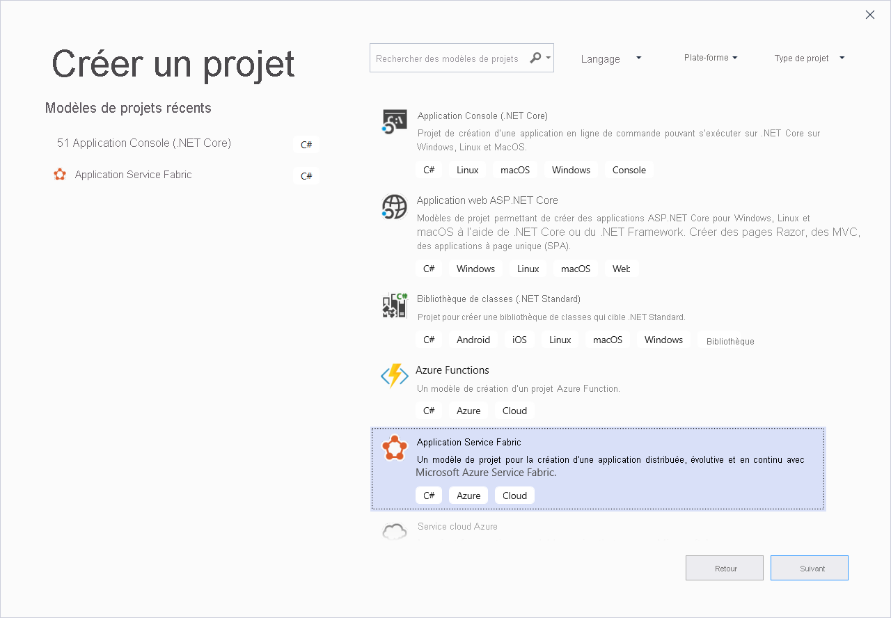 Capture d’écran montrant la boîte de dialogue Créer un projet dans Visual Studio.