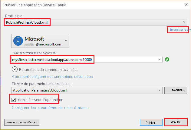 Capture d’écran qui montre l’envoi (push) d’un profil pour publier l’application.