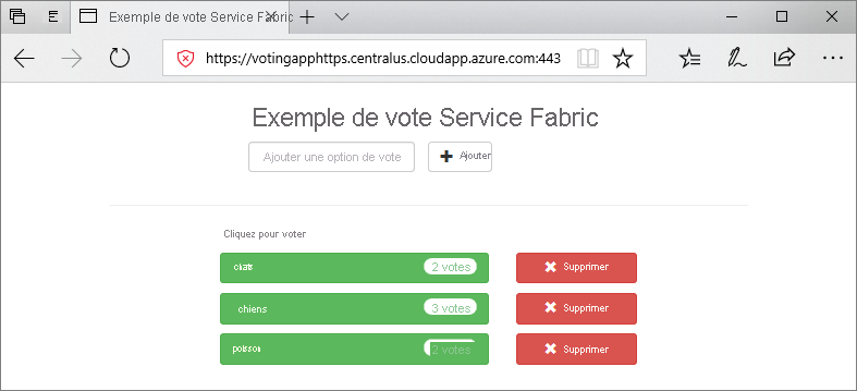 Capture d’écran montrant l’exemple d’application Voting Service Fabric s’exécutant dans une fenêtre de navigateur.