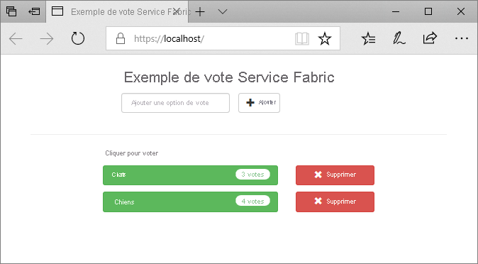 Capture d’écran montrant l’exemple d’application Voting Service Fabric s’exécutant dans un navigateur et l’URL localhost.