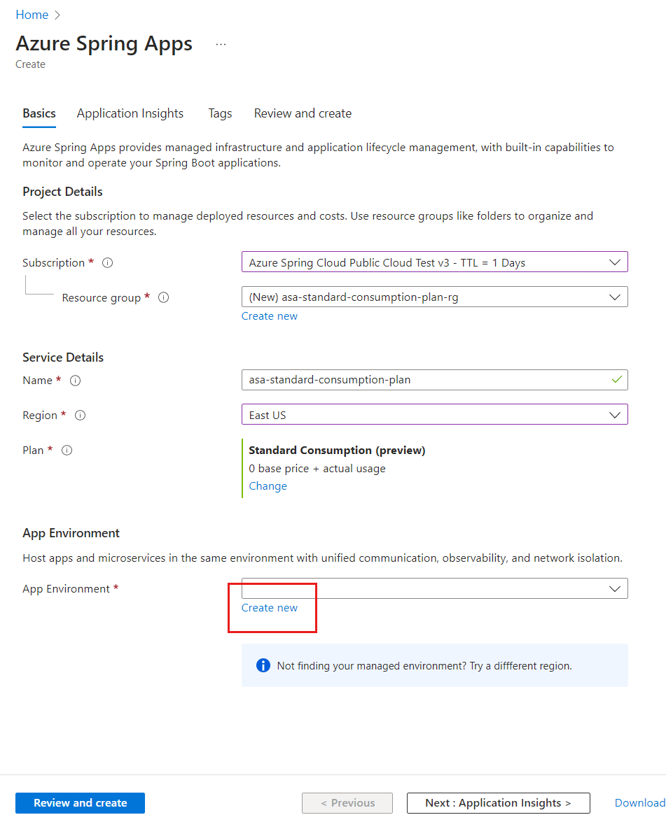 Capture d’écran du portail Azure affichant la page Créer de Azure Spring Apps.