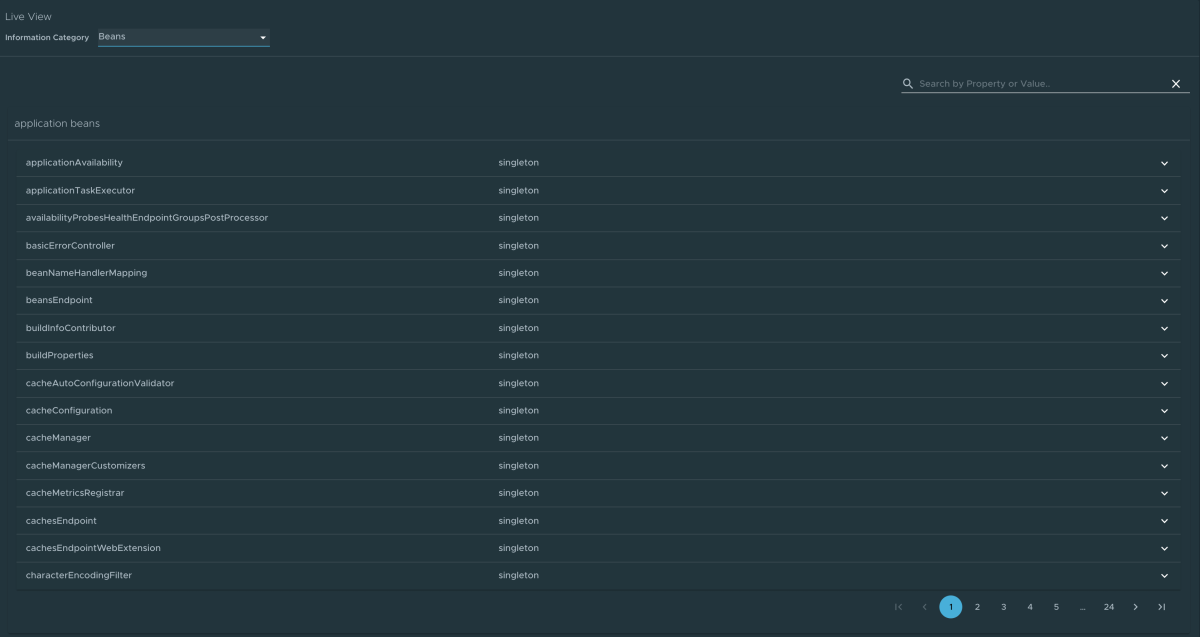 Capture d’écran de Application Live View montrant la page Composants.