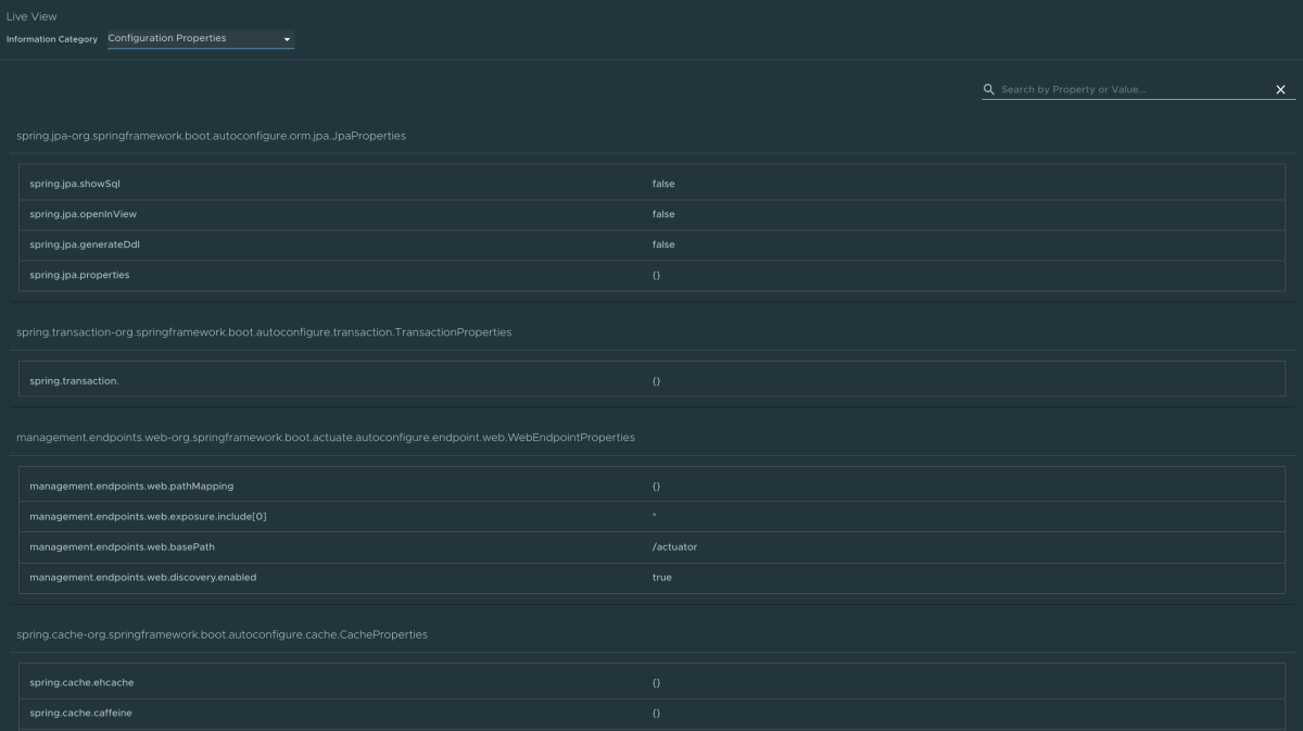 Capture d’écran de Application Live View montrant la Page de propriétés de configuration.