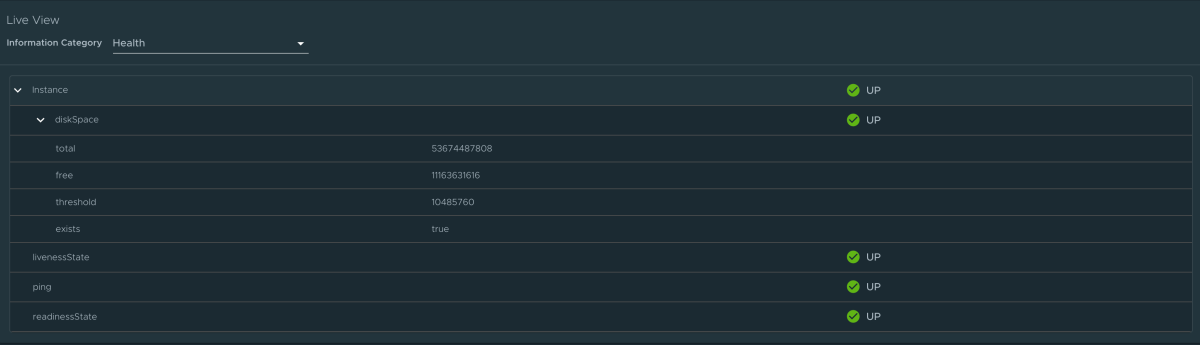 Capture d’écran de Application Live View montrant la page Intégrité.