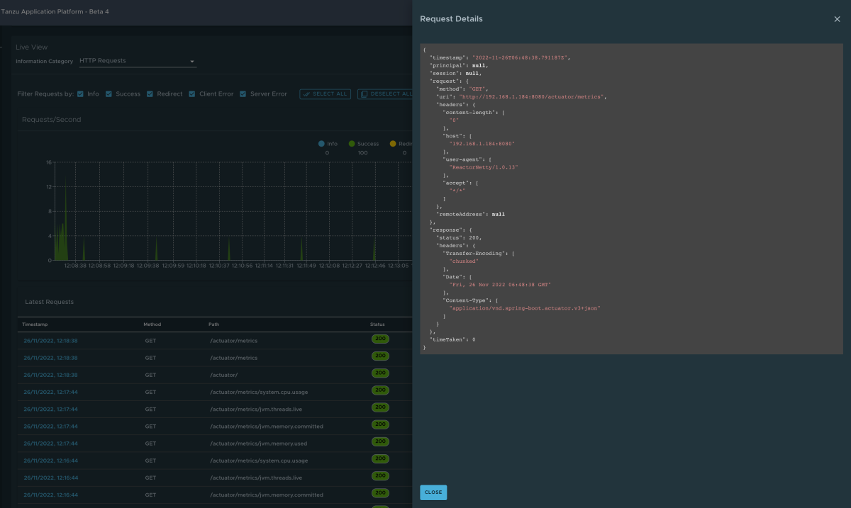Capture d’écran de Application Live View montrant la page Requêtes HTTP avec une superposition fournissant plus de détails sur une requête spécifique.