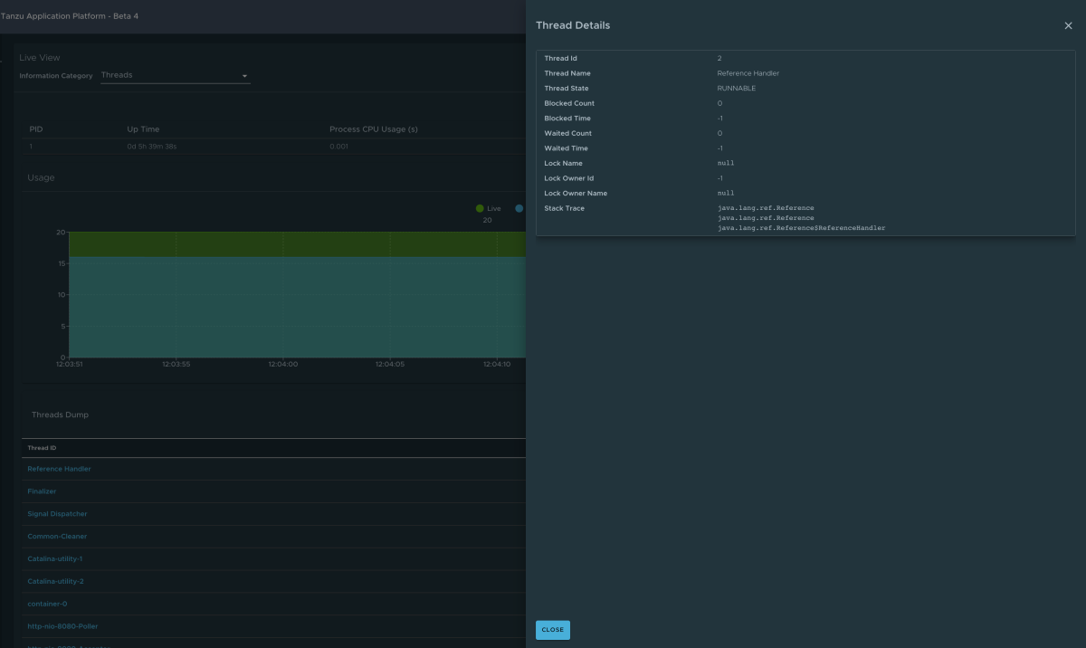 Capture d’écran de Application Live View montrant la page Threads avec une superposition fournissant plus de détails sur un thread spécifique.