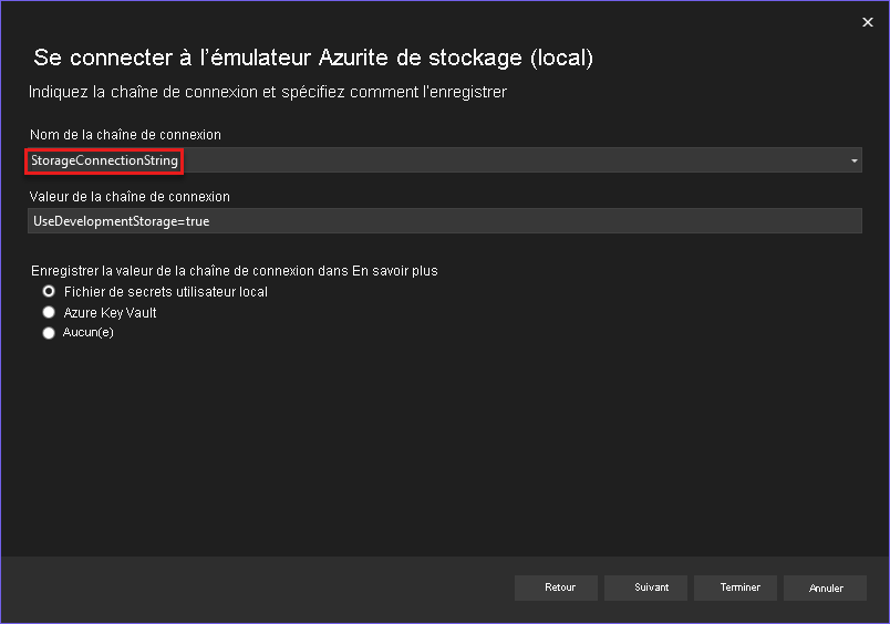 A screenshot showing how to configure a connection string to use Azurite with an ASP.NET project.