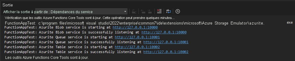 A screenshot showing output after setting Azurite to be the runtime storage account for an Azure Functions project.